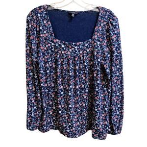Lucky Brand Shirt Women Size Medium Blue Orange Floral Long Sleeve Relaxed Fit